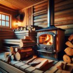 Traditional Wood Burning Sauna with a glowing stove and logs, surrounded by a warm, inviting wooden interior, embodying the authentic and natural sauna experience