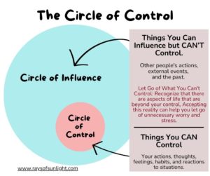 An illustration depicting two concentric circles. The innermost circle is labeled 'Your Cycle of Control' and contains elements such as actions, thoughts, and habits. The outer circle is labeled 'Circle of Influence' and includes external factors that are beyond direct control, such as other people's actions and external events.