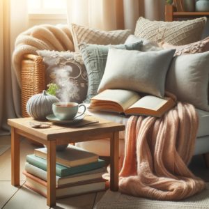 A cozy nook with a comfortable chair, a soft throw, and a stack of books, symbolizing a personal sanctuary for downtime and relaxation. Wellness Habits.