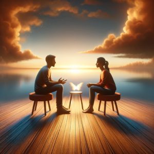 two people engaging in a serene and meaningful conversation, embodying deep understanding and connection. This visual beautifully represents the essence of emotional intelligence, showcasing empathy and active listening in a calm and inviting setting. It illustrates how effective communication and emotional awareness can foster genuine connections between individuals. Wellness Habits.