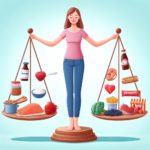  A cartoon image of a woman balancing on a scale with anti-inflammatory and inflammatory foods on each side. 