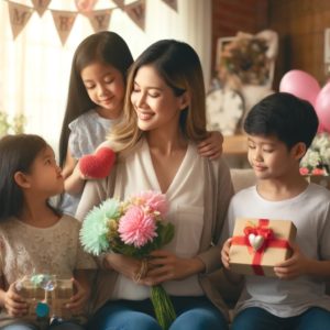 image depicting a touching scene of a working mother celebrating Mother's Day with her family. This image captures the warmth, appreciation, and special bond between a mother and her children on this significant day. 