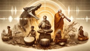 an image representing the historical context of frequency healing, depicting elements from ancient cultures around the world. The image includes a Siberian shaman using a drum, an Aboriginal Australian playing a didgeridoo, and Tibetan monks with singing bowls. This visual perfectly illustrates the universal recognition of the power of sound and frequency in promoting well-being and balancing the body’s energies.