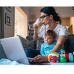 a working mom juggling work and caring for her children. 