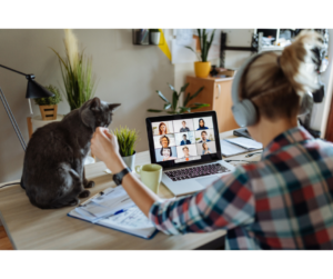 A woman on a Zoom call in her home office, petting her cat, balancing work and comfort in her transformed home office space.