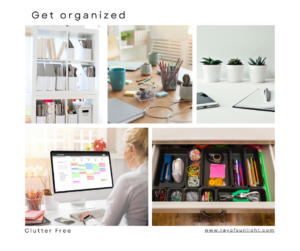 Learn organization with this home office design tips collage showing tidy workspace ideas.