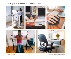 Comfort meets style in this home office design tips collage of ergonomic furniture.