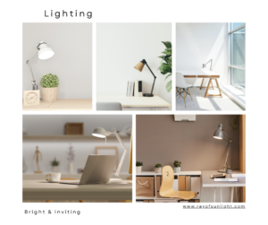 Brighten your workspace with this home office design tips collage of various lighting solutions.