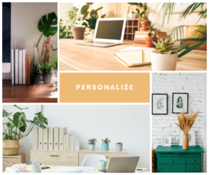 Personalize your space with this home office design tips collage of plants, photos, and decor.