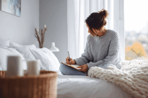 Woman journaling in a peaceful bedroom to reflect with intention on how to choose a wellness gift.