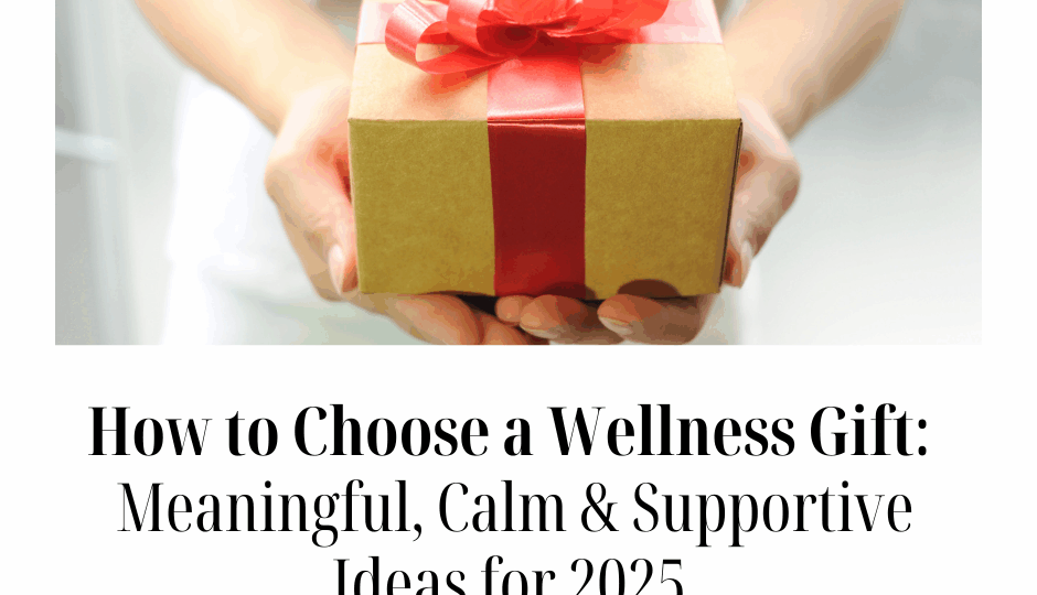 How to choose a wellness gift feature image showing a gently wrapped present with a red ribbon.