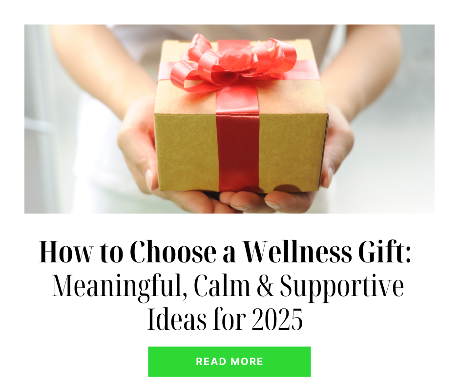 How to choose a wellness gift feature image showing a gently wrapped present with a red ribbon.
