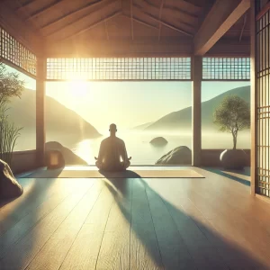 image of someone meditating in a harmonious environment, such as a sunlit room or a calm beach. This illustration captures the concept of aligning with the universe’s vibrations.