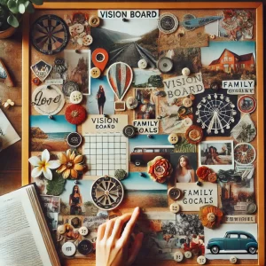 This board is filled with colorful and realistic items like postcards, photos, and small mementos that reflect personal goals and everyday life. This visual captures the essence of gratitude and its importance in the manifestation process.