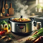 A slow cooker on a kitchen counter, actively cooking a healthy stew with visible steam, surrounded by fresh vegetables and herbs, emphasizing easy meal preparation. 