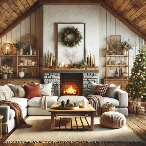 A beautifully decorated living room ready for Christmas, featuring a stone fireplace with a roaring fire, a plush white sofa surrounded by soft pillows and throws, and a festive atmosphere enhanced by a Christmas tree and rustic holiday decorations.