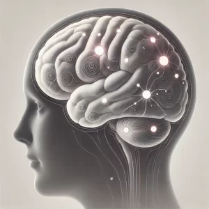 Artistic representation of the human brain in black and white with regions controlling emotions and thoughts highlighted in soft light pink, illustrating mental control and emotional regulation in a serene, thoughtful style.