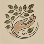 Minimalist graphic of a human hand intertwined with leaves, symbolizing the benefits of nature and the deep connection between humans and the environment.