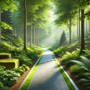 A serene pathway through a lush forest, showcasing the benefits of nature with sunlight streaming through the trees, inviting relaxation and exploration.