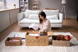 A woman sorting through belongings into 'Keep', 'Donate', and 'Discard' boxes, showcasing the process of clearing out unnecessary items to make space for new beginnings.Spring Cleaning Mind and Space.