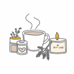 Whimsical flat-style illustration of a self-care scene featuring a steaming cup of tea, a lavender sprig, and three calming candles—one labeled 'Self Care'—with a soft, minimalist aesthetic. Simple summer habits.